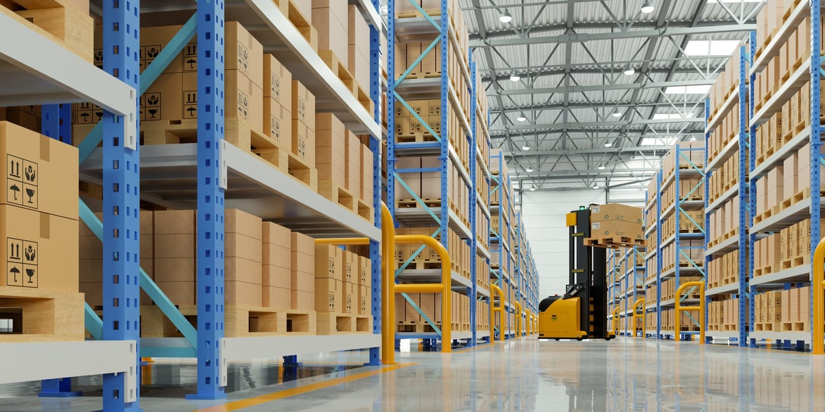 Modern warehouse interior with organized shelving